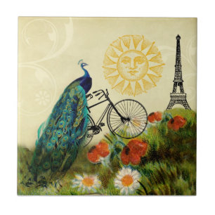 Vintage Peacock Art with Eiffel Tower Tile
