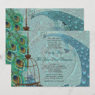 Vintage Peacock Bird Cage Feather Wedding Invite