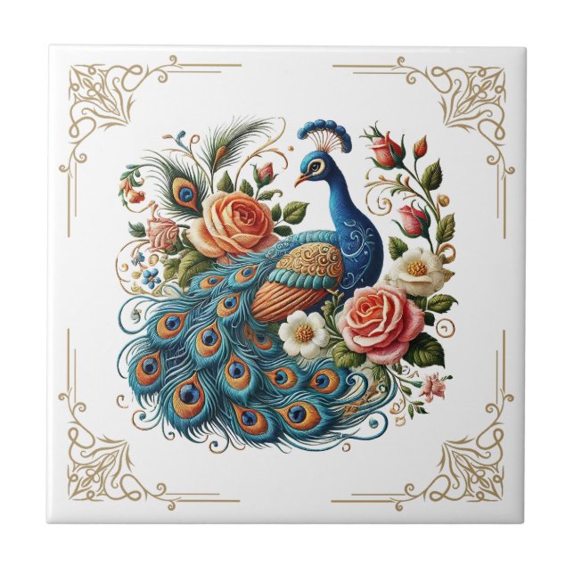 Vintage Peacock Bird Floral Art Ceramic Tiles (Front)