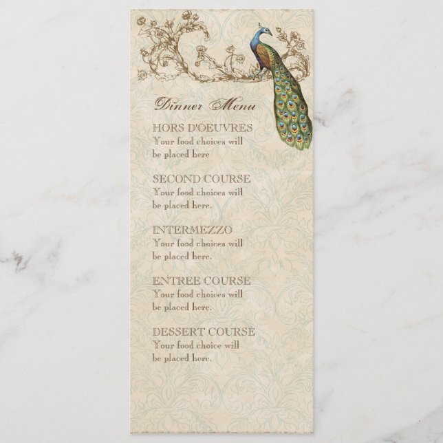 Vintage Peacock Black, Dinner Menu Card (Front)