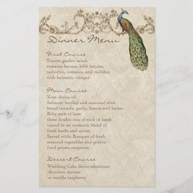 Vintage Peacock Black, Dinner Menu Sheet (Front)
