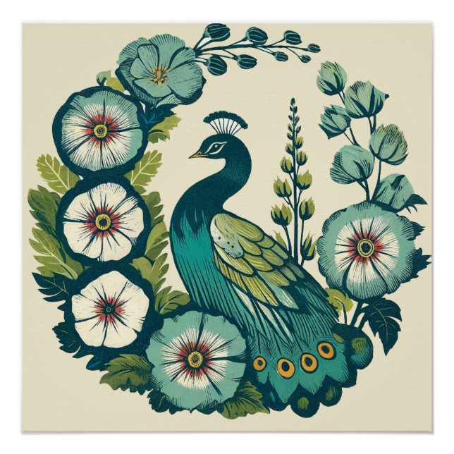 Vintage Peacock Blue and Green peacocks            Poster (Front)