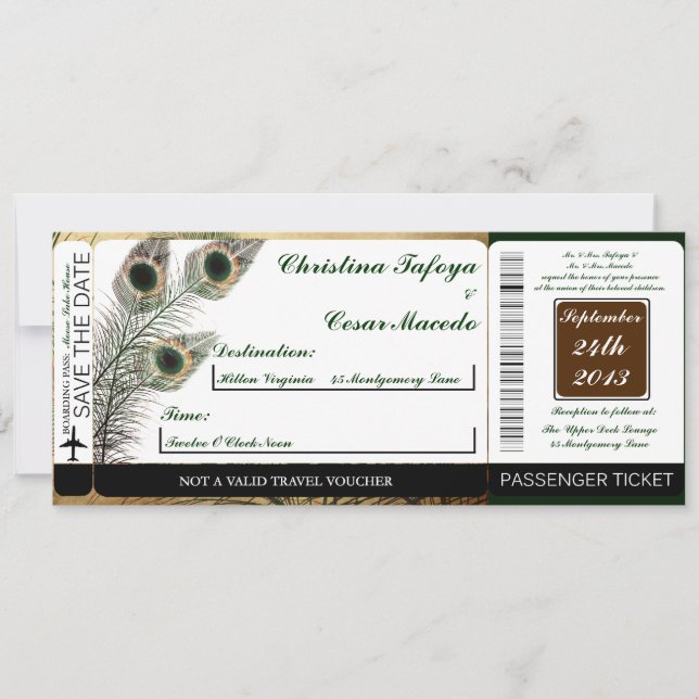 Vintage Peacock Boarding Pass Wedding Invitation (Front)