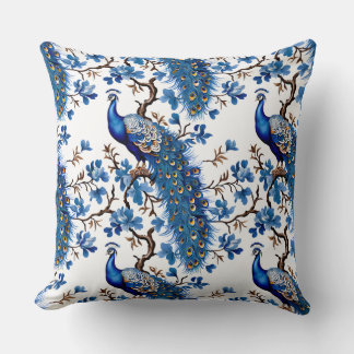 Vintage Peacock Chinese Navy Blue Floral Spring Throw Pillow