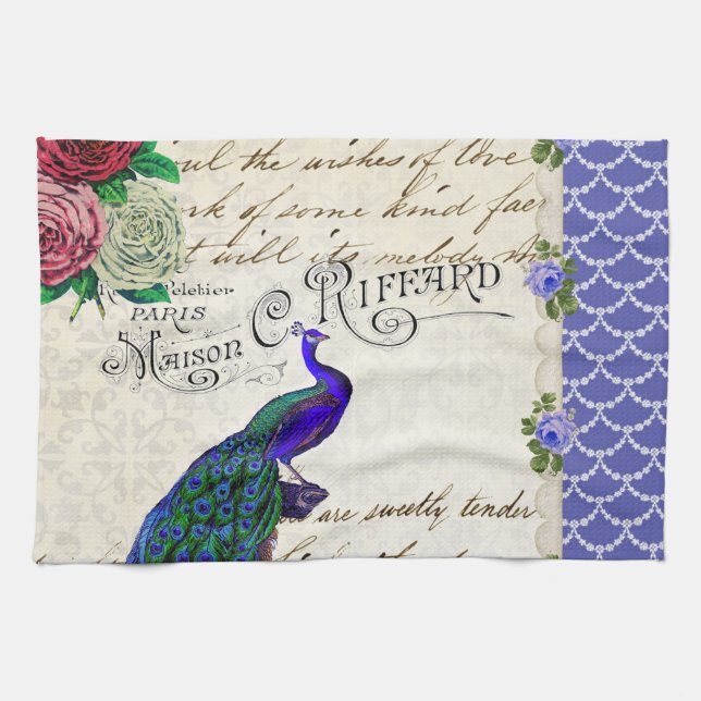 Vintage Peacock Collage Kitchen Towel (Horizontal)