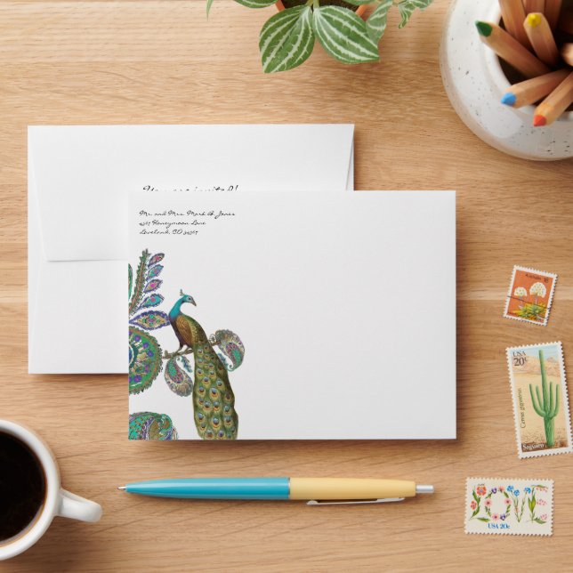 Vintage Peacock Colours Wedding Envelopes (Desk)
