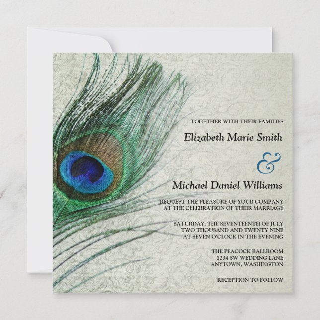Vintage Peacock Damask Wedding Invitations (Front)