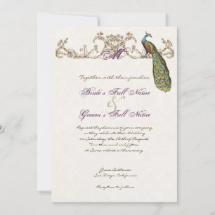 Vintage Peacock & Etching Wedding Invitation White