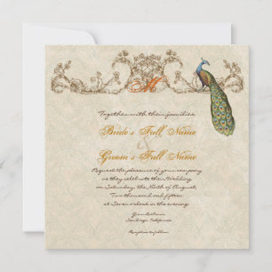 Vintage Peacock & Etchings Burnt Orange Wedding Invitation