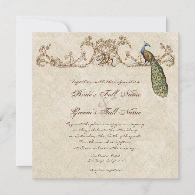 Vintage Peacock & Etchings Hindu Wedding Invite (Front)