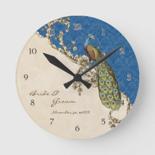 Vintage Peacock & Etchings Personalized Wedding Round Clock