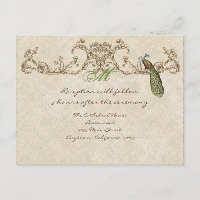 Vintage Peacock & Etchings Reception Invitation (Front)