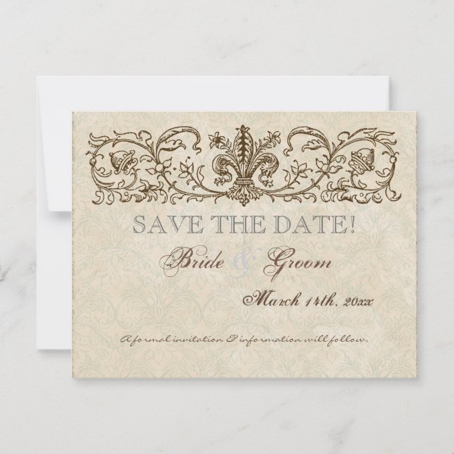 Vintage Peacock & Etchings, Save the Date Card (Front)