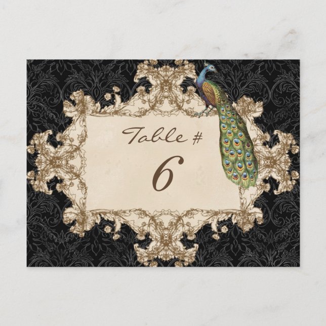 Vintage Peacock & Etchings, Table Number Card (Front)