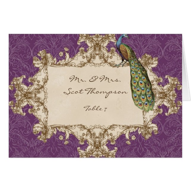 Vintage Peacock & Etchings Table Seating Cards (Front Horizontal)