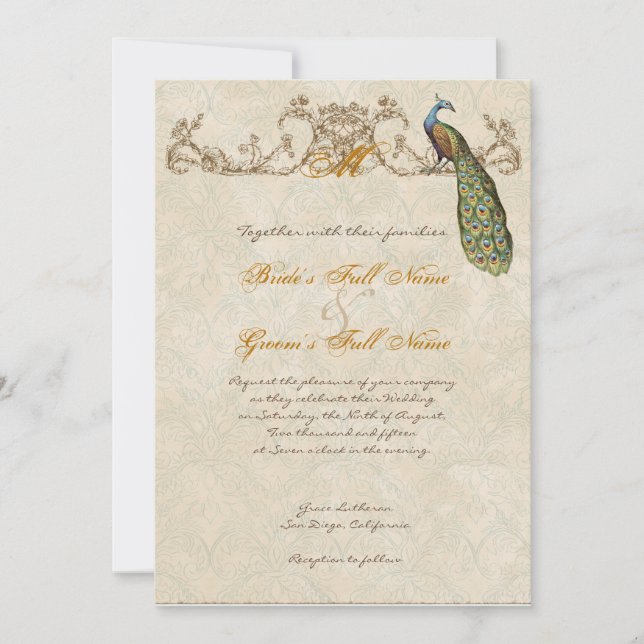 Vintage Peacock & Etchings Wedding Invitation (Front)