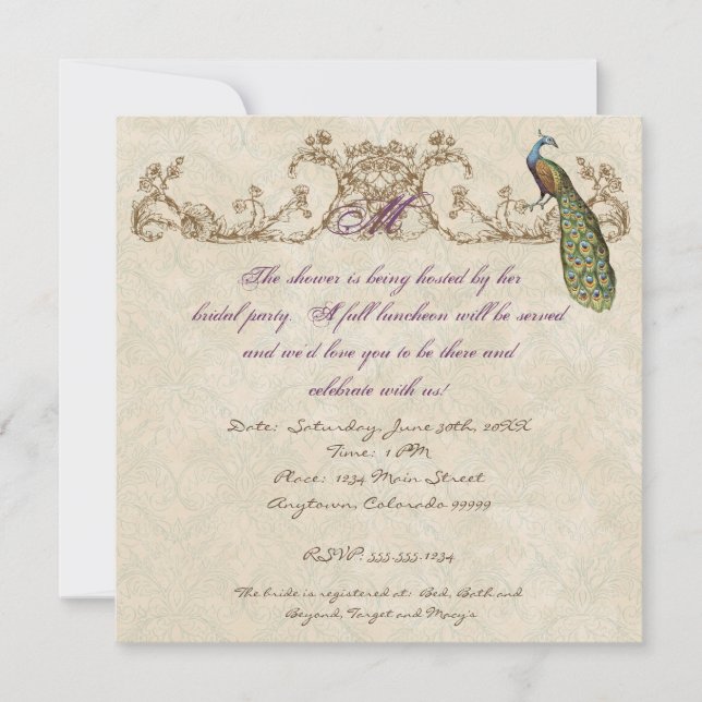 Vintage Peacock & Etchings Wedding Invitation (Front)