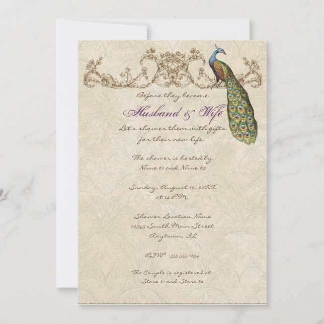 Vintage Peacock & Etchings Wedding Invitation (Front)