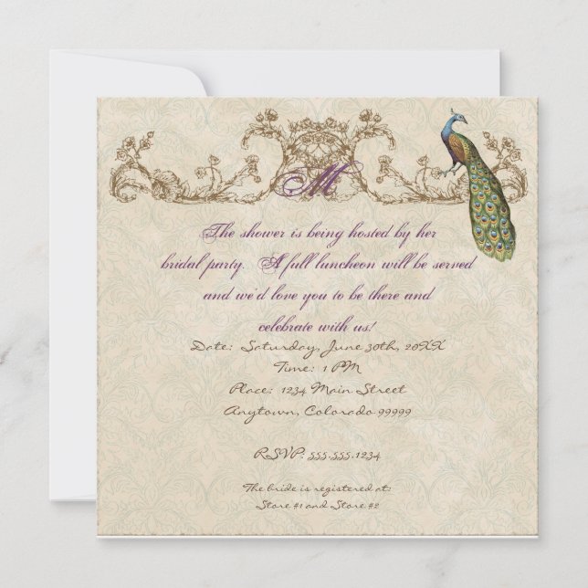 Vintage Peacock & Etchings Wedding Invitation (Front)