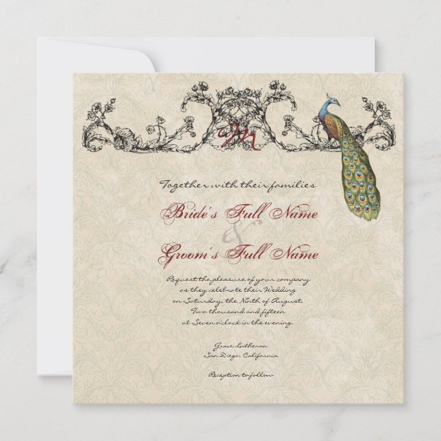 Vintage Peacock & Etchings Wedding Invitation (Front)