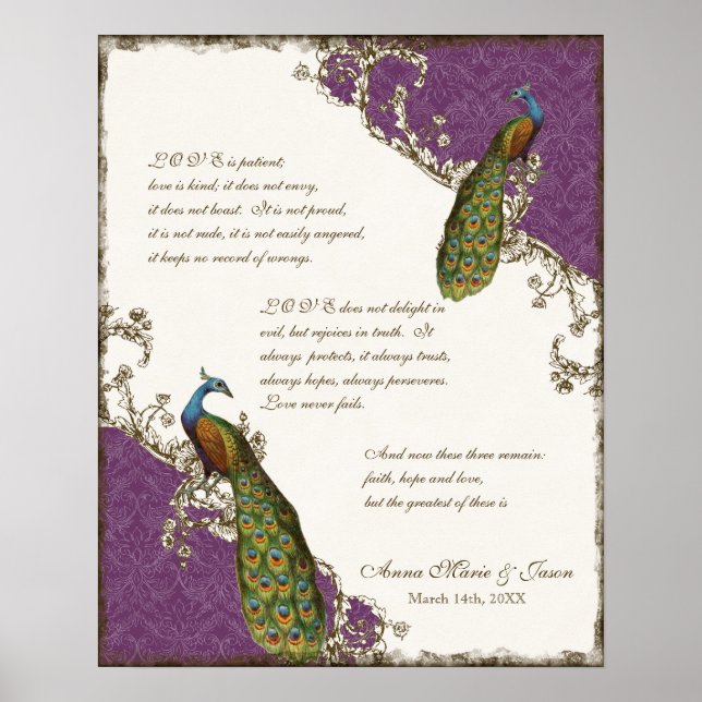 Vintage Peacock & Etchings - Wedding Personalized Poster (Front)
