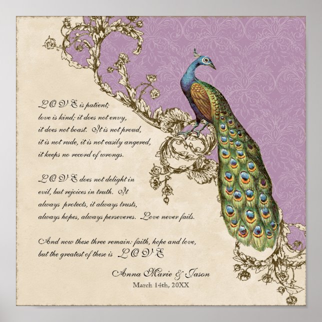 Vintage Peacock & Etchings - Wedding Personalized Poster (Front)