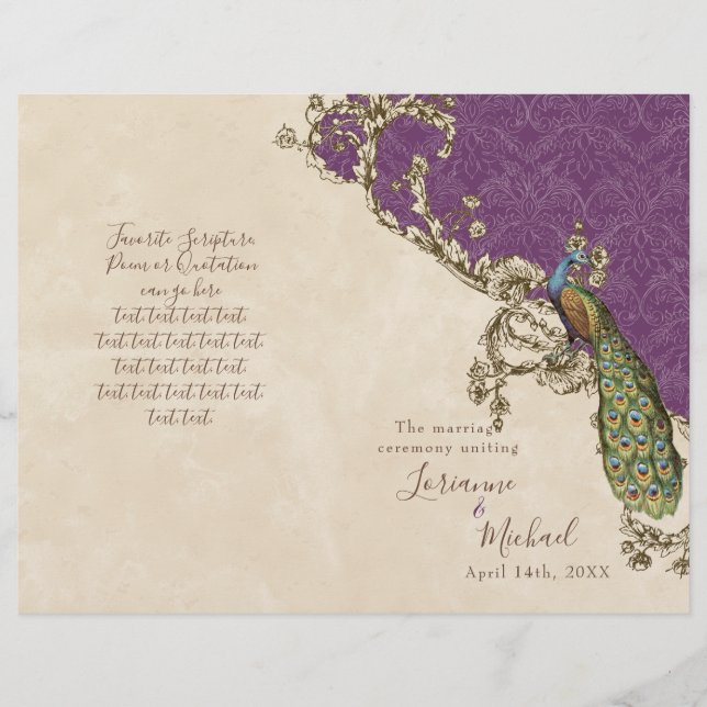 Vintage Peacock & Etchings Wedding Program (Front)