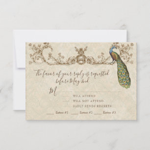 Vintage Peacock & Etchings Wedding RSVP Card