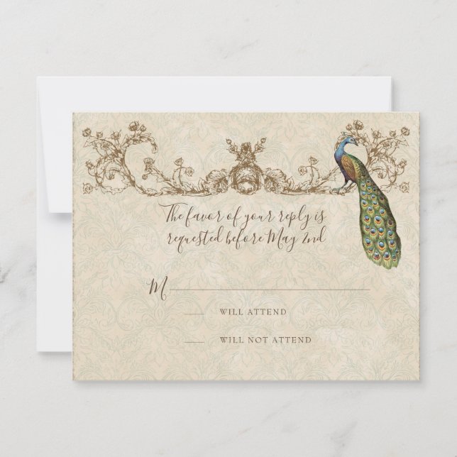 Vintage Peacock & Etchings Wedding RSVP Card (Front)