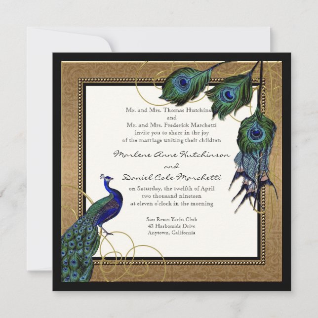 Vintage Peacock Feather Black Gold Elegant Wedding Invitation (Front)
