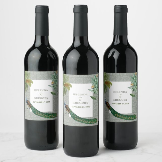 Vintage Peacock Feather Tropical Greenery Wedding  Wine Label (Bottles)