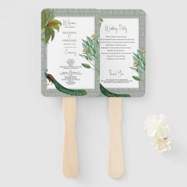 Vintage Peacock Feather Tropical Wedding Program   Hand Fan (Front and Back)