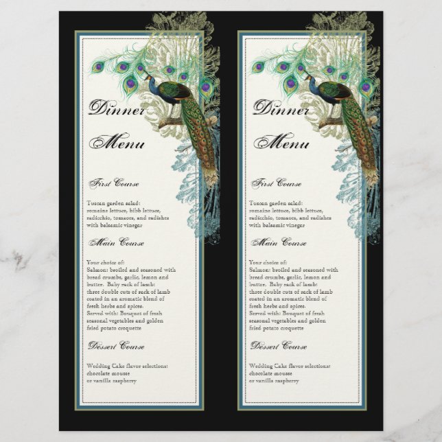 Vintage Peacock, Feathers, 2 up, Dinner Menu Sheet (Front)