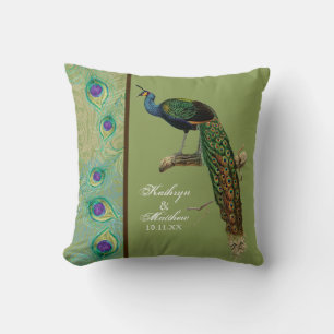Vintage Peacock, Feathers n Etchings Decorative Throw Pillow