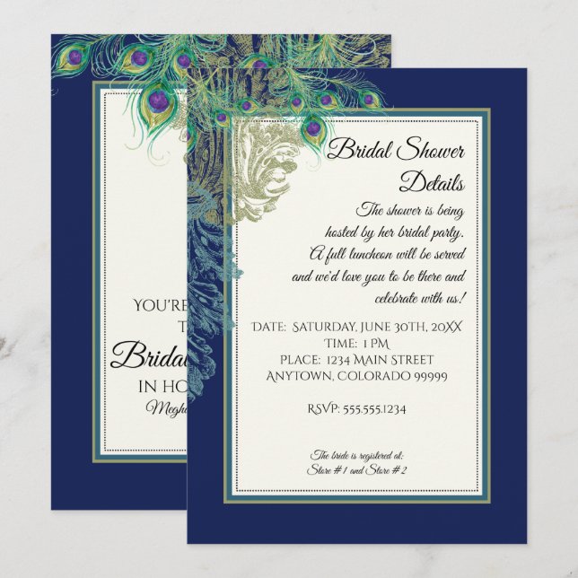 Vintage Peacock Feathers Navy Bridal Shower Invitation (Front/Back)