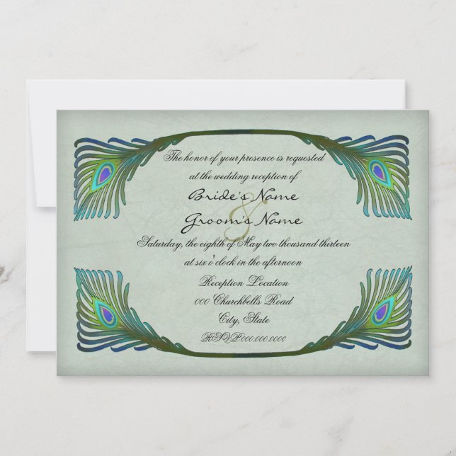 Vintage Peacock Feathers Nouveau Wedding Reception Invitation (Front)