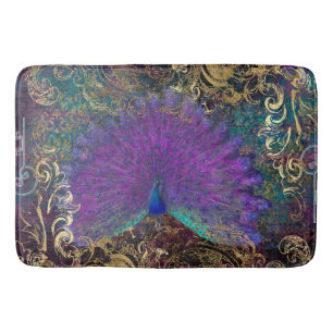 Vintage Peacock Feathers Purple Gold Foil Swirls Bath Mat