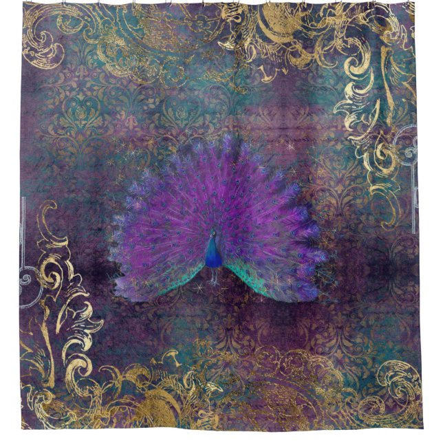 Vintage Peacock Feathers Purple Teal Gold Swirls  (Front)
