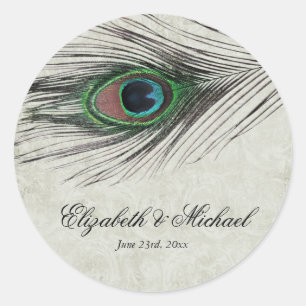 Vintage Peacock Feathers Round Wedding Favour Labe Classic Round Sticker