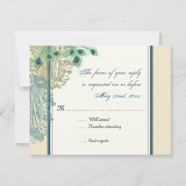 Vintage Peacock, Feathers  RSVP response card (Front)
