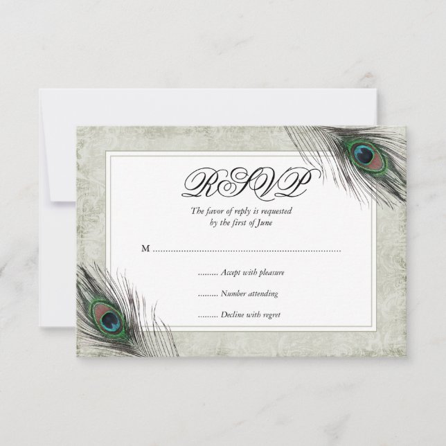 Vintage Peacock Feathers Wedding RSVP (Front)