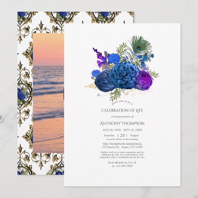 Vintage Peacock Floral Celebration of Life Invitation (Front/Back)