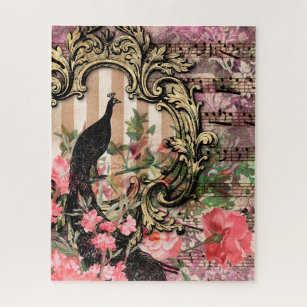 Vintage peacock floral musical note pink and gold jigsaw puzzle