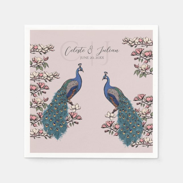 Vintage Peacock Floral Pattern Pink Wedding Napkin (Front)