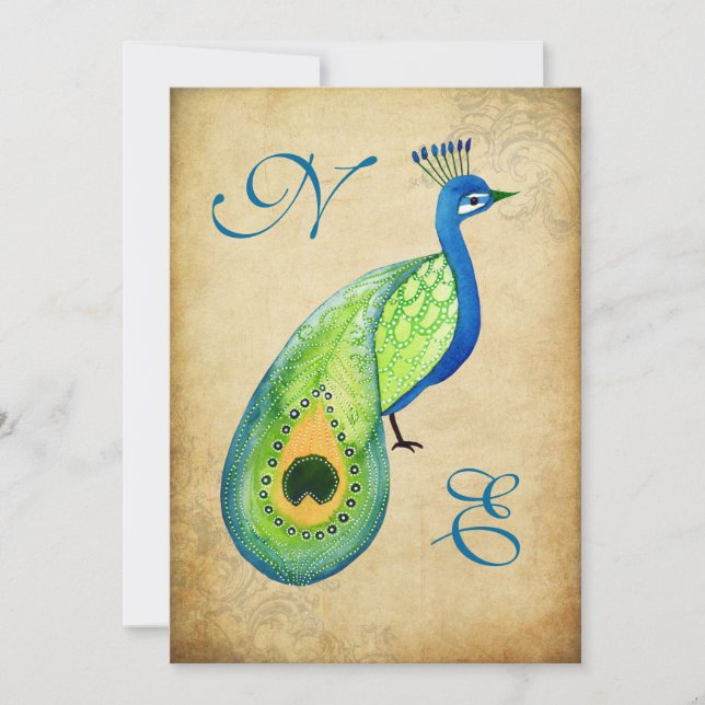 Vintage Peacock Flourish Wedding Monogram Invite (Front)