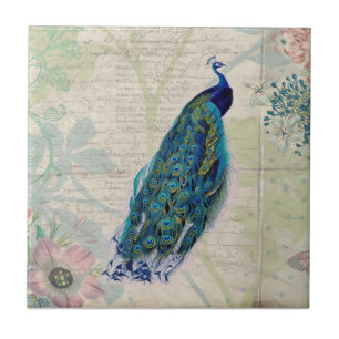 Vintage Peacock, Flowers and Butterfly Tile