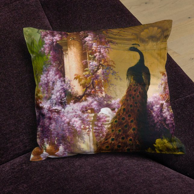Vintage Peacock Garden Artwork | Romantic Wisteria Throw Pillow (Creator Uploaded)