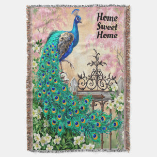 Vintage Peacock Home Sweet Home Throw Blanket