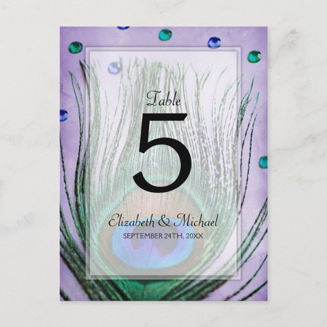 Vintage Peacock Jewels Purple Wedding Table Number Postcard (Front)