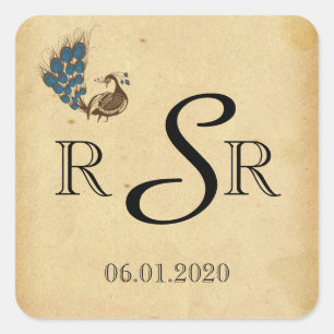 Vintage Peacock Monogram Wedding Monogram Square Sticker